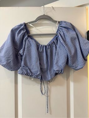Mango Blue and White Striped Puff-Sleeve Crop Top